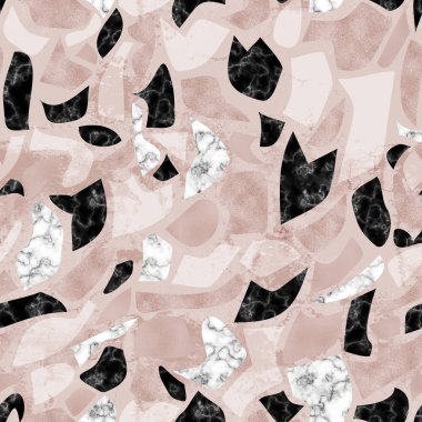 Terrazzo döşeme taklit dikişsiz desen. Mermer, doğal taş, parlak altın folyo doku ile soyut geometrik arka plan