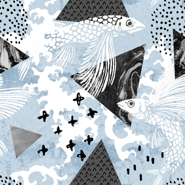 Flying fish silhouette, wave splashes, marble triangles seamless pattern.