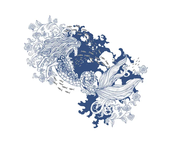 手描きのケルピーバロック様式のアンティーク要素、花、魚、サンゴ礁 — ストック写真