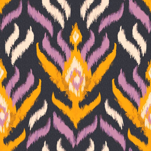 Ikat textile seamless pattern. Watercolor ethnic motifs: stripes, rhombus, flower ornament — Stock Photo, Image