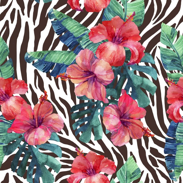 Watercolor tropical flowers and leaves on animal print background