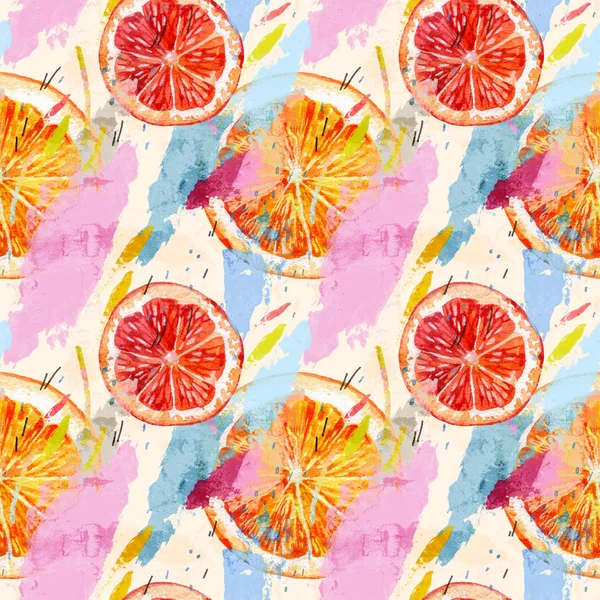 Ilustración moderna con fruta naranja, pomelo, grunge, texturas de acuarela, pinceladas ásperas, elementos mínimos — Foto de Stock