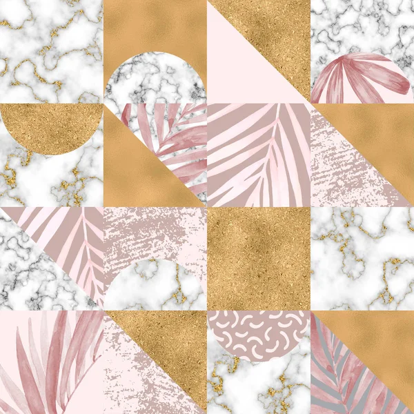 幾何学的なシームレスなパターン:水彩の熱帯の葉、デジタル大理石の紙、金箔、パステルグランジテクスチャ — ストック写真