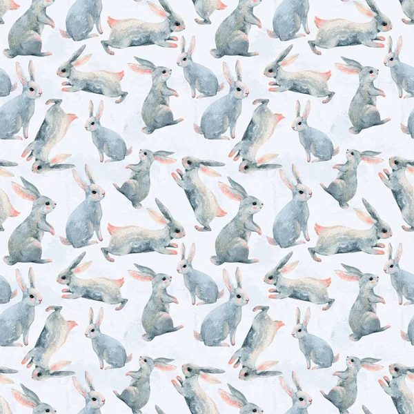 Hand painted watercolor rabbits background. Cute bunny seamless pattern