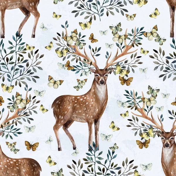 白い背景に葉、枝、蝶と手描き水彩鹿の角 — ストック写真