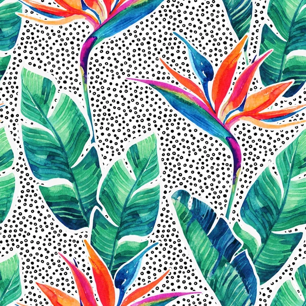 Floral exotische naadloze patroon. Aquarel tropische bloemen op doodle achtergrond — Stockfoto