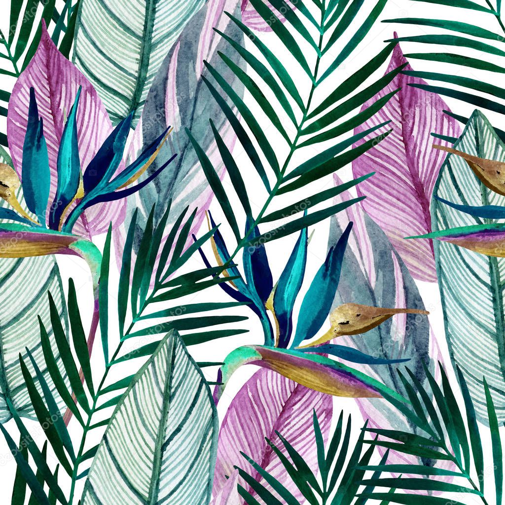 Watercolor tropical seamless pattern with bird-of-paradise flower, palm leaves
