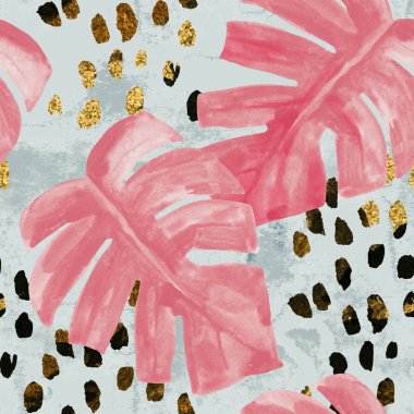 Kaba fırça darbeleri arka plan suluboya pembe renkli monstera