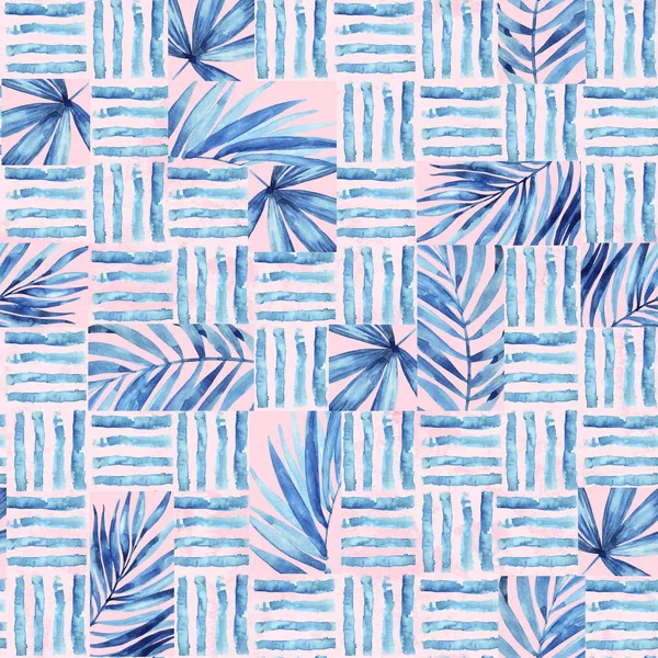 Watercolor simple seamless pattern. Blocks of tropical leaves and lines background