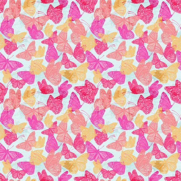 Patrón inconsútil colorido de moda con mariposa voladora en textura pintada grunge — Foto de Stock