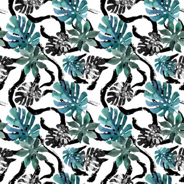 Soyut sıradışı yaz geçmişi. Suluboya tropikal yapraklar, desenli fırça darbeleri, çizgiler, lekeler, çizgiler