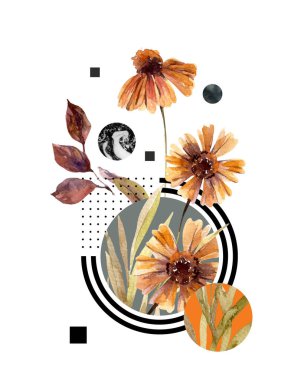 Soyut başlık arkaplanı: suluboya sonbahar çiçekleri ve yapraklar, asgari geometrik