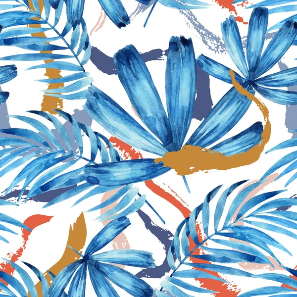 Absztrakt szokatlan nyári háttér. Akvarell trópusi pálmalevelek, festék texturált ecsetvonások, vonalak, kenetek, csíkok — Stock Fotó