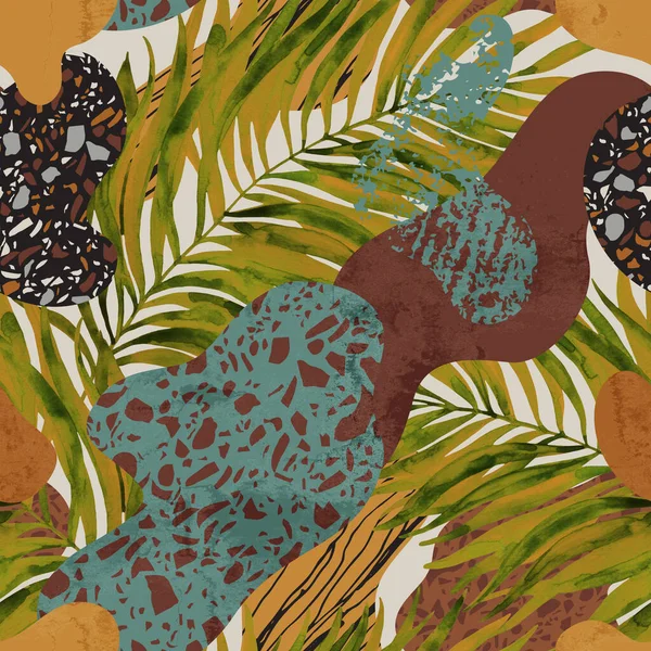 Tropické akvarel tropické listy naplněné zvířecím potiskem pozadí — Stock fotografie