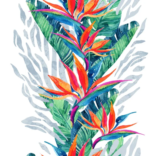 Watercolor flowers, leaves, animal print seamless pattern
