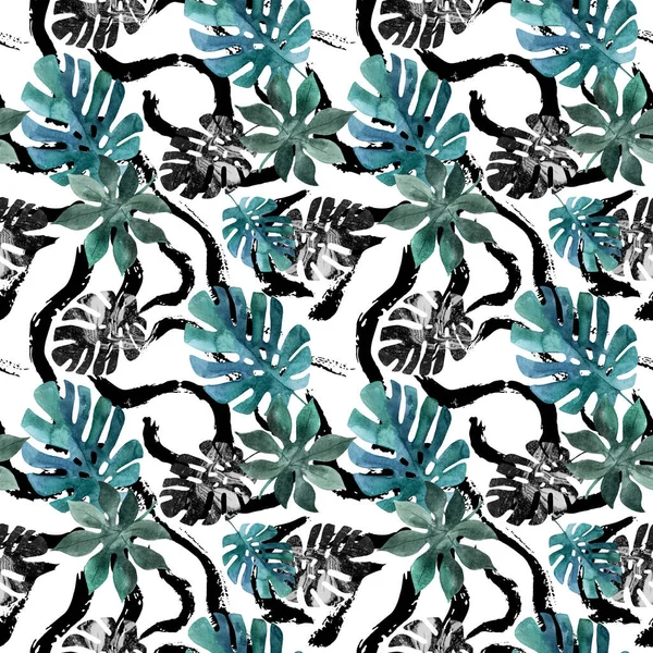 Abstrakte ungewöhnliche Sommer Hintergrund. Aquarell tropische Blätter, Farbe strukturierte Pinselstriche, Linien, Abstriche, Streifen — Stockfoto