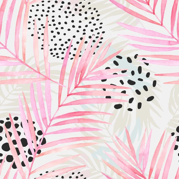 Suluboya palmiye yaprakları ve geometrik arkaplan: üçgenler, karalama, gradyan doku, 80 'lerin 90' ların şekilleri, memphis elementleri, hayvan izi çizgileri