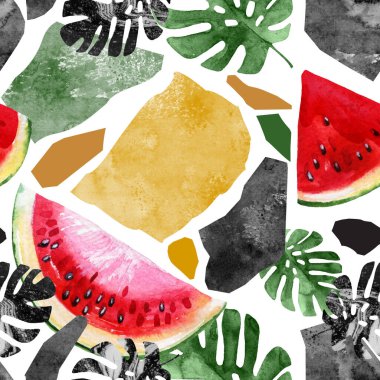 Tropikal suluboya yaprakları, sulu karpuz, kenarlı geometrik şekiller pürüzsüz desen.