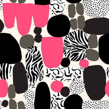 Soyut eğlence geçmişi. Hayvan derisi, grunge fırça darbeleri, karalama dokusu olan farklı geometrik şekiller.