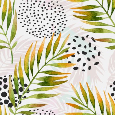 Suluboya palmiye yaprakları ve geometrik arkaplan üçgenler, karalama, gradyan doku, 80 'lerin 90' ların şekilleri, memphis elementleri