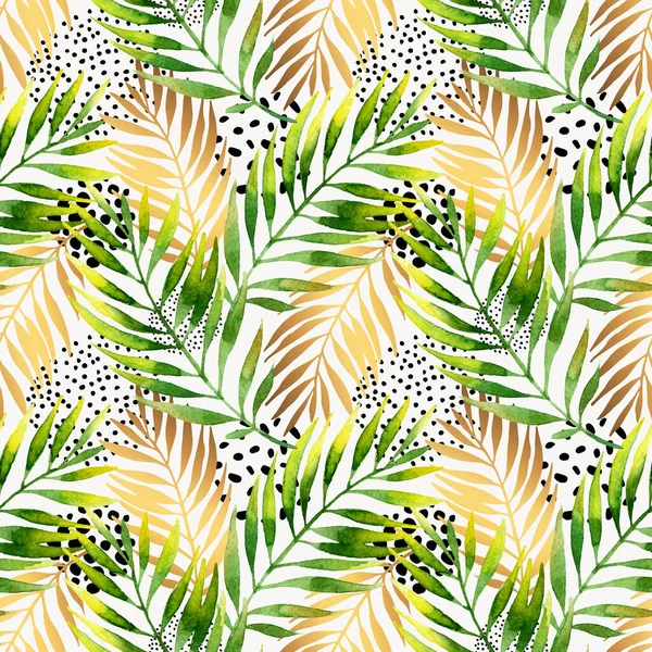 Botanisk sommar sömlöst mönster. Akvarell och gyllene gradient palmblad bakgrund — Stockfoto