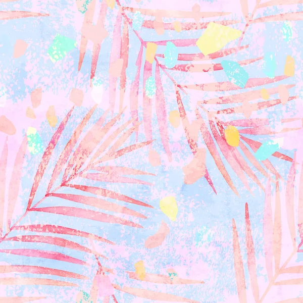 Künstlerische Aquarell Palmblätter, pastellfarbenes Konfetti nahtloses Muster — Stockfoto