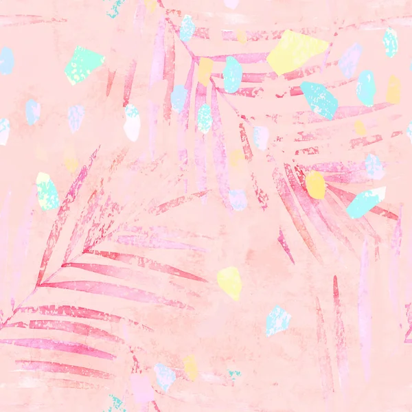 Художнє листя акварельних долонь, пастельний кольоровий безшовний візерунок з конфетті — стокове фото