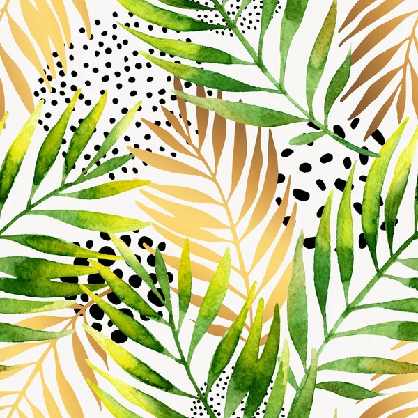 Botanische zomer naadloos patroon. Aquarel en gouden verloop palmbladeren achtergrond — Stockfoto
