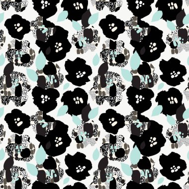 Siyah, beyaz ve pastel renklerde çiçeklerle soyut, dikişsiz desen