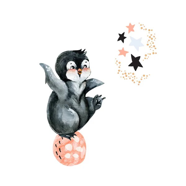 かわいいペンギンのイラスト 最小限のスタイルで惑星と勇敢なマスコット動物 保育園 ベビーシャワー 誕生日パーティーの子供のデザインのための手描きの水彩画アートワーク — ストック写真