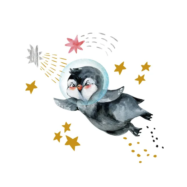 かわいいペンギンのイラスト 最小限のスタイルで惑星と勇敢なマスコット動物 保育園 ベビーシャワー 誕生日パーティーの子供のデザインのための手描きの水彩画アートワーク — ストック写真