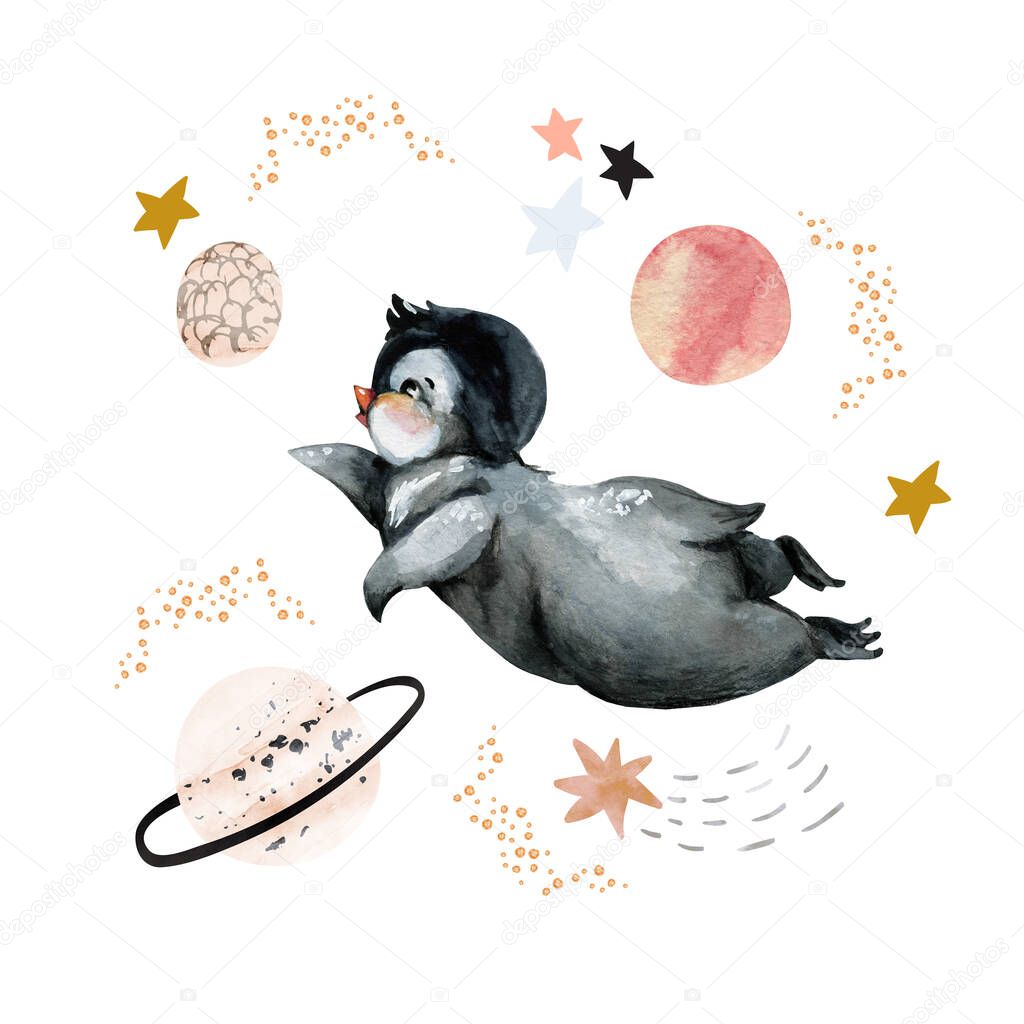 Cute little penguin illustration. Brave mascot animal with stars, planets in minimal style. Hand drawn watercolor artwork for nursery, baby shower, birthday party kids design