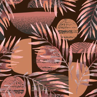 İskandinav usulü asgari düzeyde elle çizilmiş kusursuz desen. Gri grunge dokuları, geometrik şekiller ve karalama arkaplanı üzerinde tropikal palmiye yaprağı olan modern vektör çizimi. Suluboya yaz sanatı