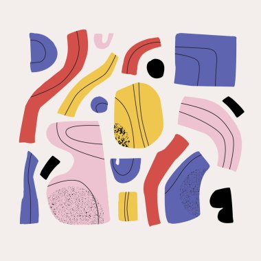 Soyut şekiller, element vektör çizimleri ayarlandı. El çizimi soyut sanat kolajı retro renkte. Organik, doğa geometrik karalamalı kesikler, arkaplanda izole edilmiş grunge dokusu.