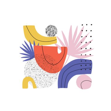 Soyut doğal elementler vektör çizimleri posteri. Retro renkte elle çizilmiş renkli kolaj. Organik, doğal geometrik şekiller, palmiye yaprağı, karalamalar, beyaz arkaplanda izole edilmiş grunge dokusu.