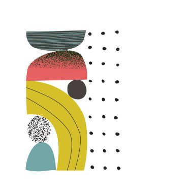Soyut şekiller, element vektör çizimi. Güzel renkli soyut sanat kolajı. Karalamalı organik, doğa geometrik şekiller, beyaz arkaplanda izole edilmiş kumlu grunge dokusu.