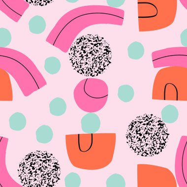 Pastel renklerde havalı renkli sanat kolajı, modern tarz. Soyut şekiller, element vektör çizimi. Karalamalı organik, doğa geometrik şekiller, beyaz arkaplanda kumlu grunge dokusu.