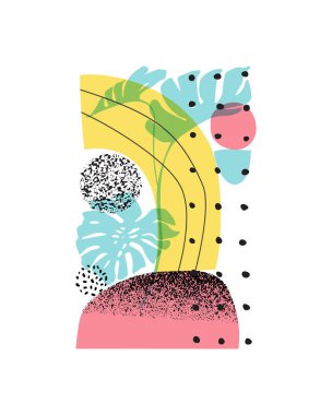 Soyut grafik yaz arkaplanı. Modern jeo düzen: geometrik doğal yuvarlak şekiller, tropikal yapraklar siluetler, 80 'lerde tahıl dokusu, 90' larda minimal düz stil. Geometrik poster tasarımı.