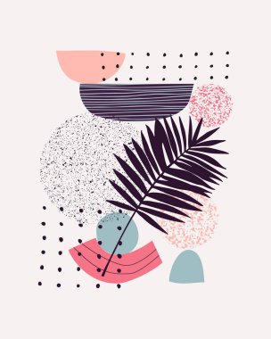 Soyut doğal geometrik elementler vektör posteri. Retro renkli yaratıcı kolaj. Organik, doğal geometrik şekiller, palmiye yaprağı, karalamalar, grunge doku arka planı. Güzel kapak tasarımı