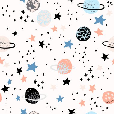 Çizgi film temalı arka plan: sevimli gezegenler, ay, yıldızlar, galaksi, grunge ile samanyolu, karalama dokuları. Çocuk odası duvar kâğıdı ve tekstil tasarımı için kozmos sanat çizimi