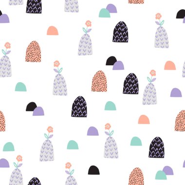 Şirin bahçe pürüzsüzlüğü. Tepelerin arkasında çiçek açan çizgi film. Çocukça bir bahar konsepti. Duvar kağıdı, tekstil ve kumaş tasarımı için el çizimi vektör çizimi