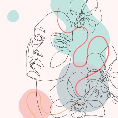 Kadın, en az şekilli, kıvrımlı çizgiler ve güzel orkidelerle bir çizgi çiziyor. Moda tasarımı için tropik çiçek resimli kadın portresi. Genç kızın asgari çizimi