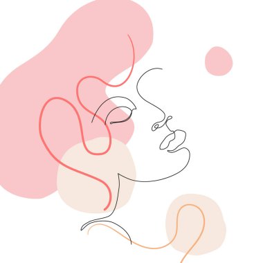 Kadın, en az şekil ve kıvrımlı çizgilerle tek bir çizgiye bakıyor. Moda tasarımı için kadın portresi. Genç kızın asgari çizimi