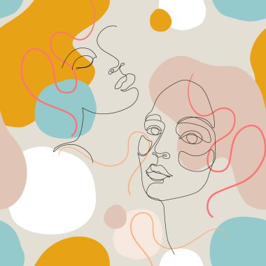 Soyut kadın portresi kusursuz desen. Kadın, arka planda en az şekil ve kıvrımlı çizgilerle çizilmiş bir çizgiyle karşı karşıya. Moda tasarımı için kadın portreleri. Güzellik çizgisi