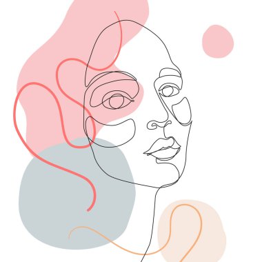 Kadın, en az şekil ve kıvrımlı çizgilerle tek bir çizgiye bakıyor. Moda tasarımı için kadın portresi. Genç kızın asgari çizimi