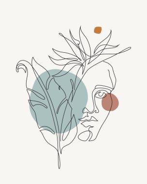 Antik Yunan tanrıça heykeli, geometrik şekilli, tropikal çiçekli modern çizgi sanatı: muz yaprağı, strelitzia çiçeği. Moda tasarımı için el çizimi illüstrasyon, Vektör Bir çizgi çizimi