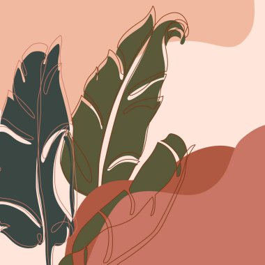Soyut muz yaprakları bir çizgi halinde sanat ve kağıt kolaj tarzında. Tropikal yapraklar, akışkan soyut şekillere sahip. Asgari biçimdeki vektör yeşillendirmesi