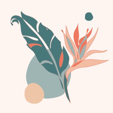 Zarif sürekli çizgi çizimi. Minimum sanat çiçeği ve yapraklar beyaz arka planda izole edilmiş. Güzel tropikal çiçek çizimleri. Moda tasarımı için vektör çizimi