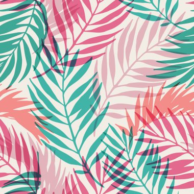 Doğal orman pürüzsüz desen. El çizimi soyut tropikal yaz arkaplanı: palmiye yaprakları siluetleri. Retro gradyan renklerde vektör sanat illüstrasyonu. El çizimi tropiklerin tasarımı