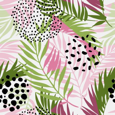 Soyut, kusursuz yaz şablonu. Çiçek ve geometrik arka plan üçgenler, palmiye yaprakları, karalama, gradyan doku, 80 'lerin şekilleri, pop sanat, memphis elementleri. El çizimi doğal illüstrasyon